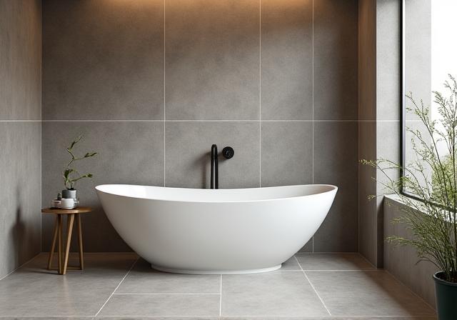Baño de lujo con azulejos de gran formato y una bañera exenta.