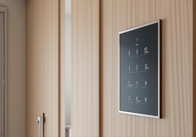 Detalle de un armario empotrado a medida junto a un panel de control domótico.