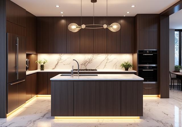 Cocina de diseño moderno con isla central y acabados en madera y mármol.